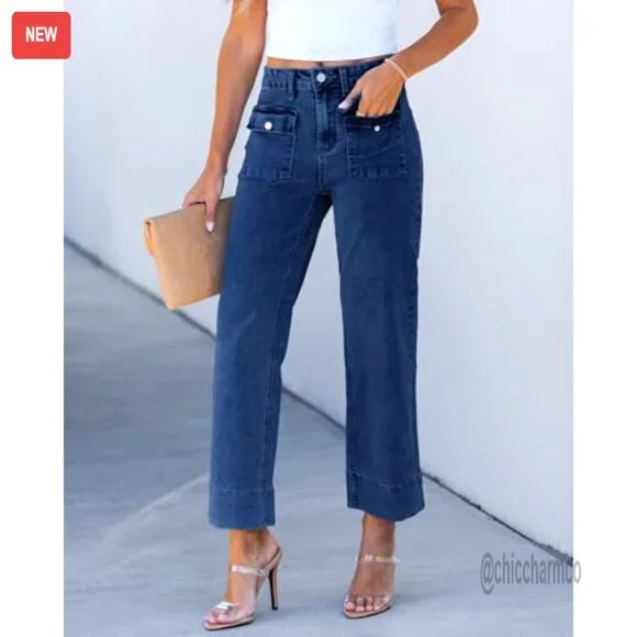 High Waisted Wide Leg Cropped Jeans Stretchy Denim Retro Patch Pockets